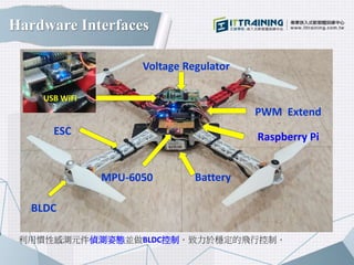 Hardware Interfaces
利用慣性感測元件偵測姿態並做BLDC控制．致力於穩定的飛行控制．
BLDC
ESC
MPU-6050 Battery
Voltage Regulator
PWM Extend
Raspberry Pi
ESCUSB WiFi
 