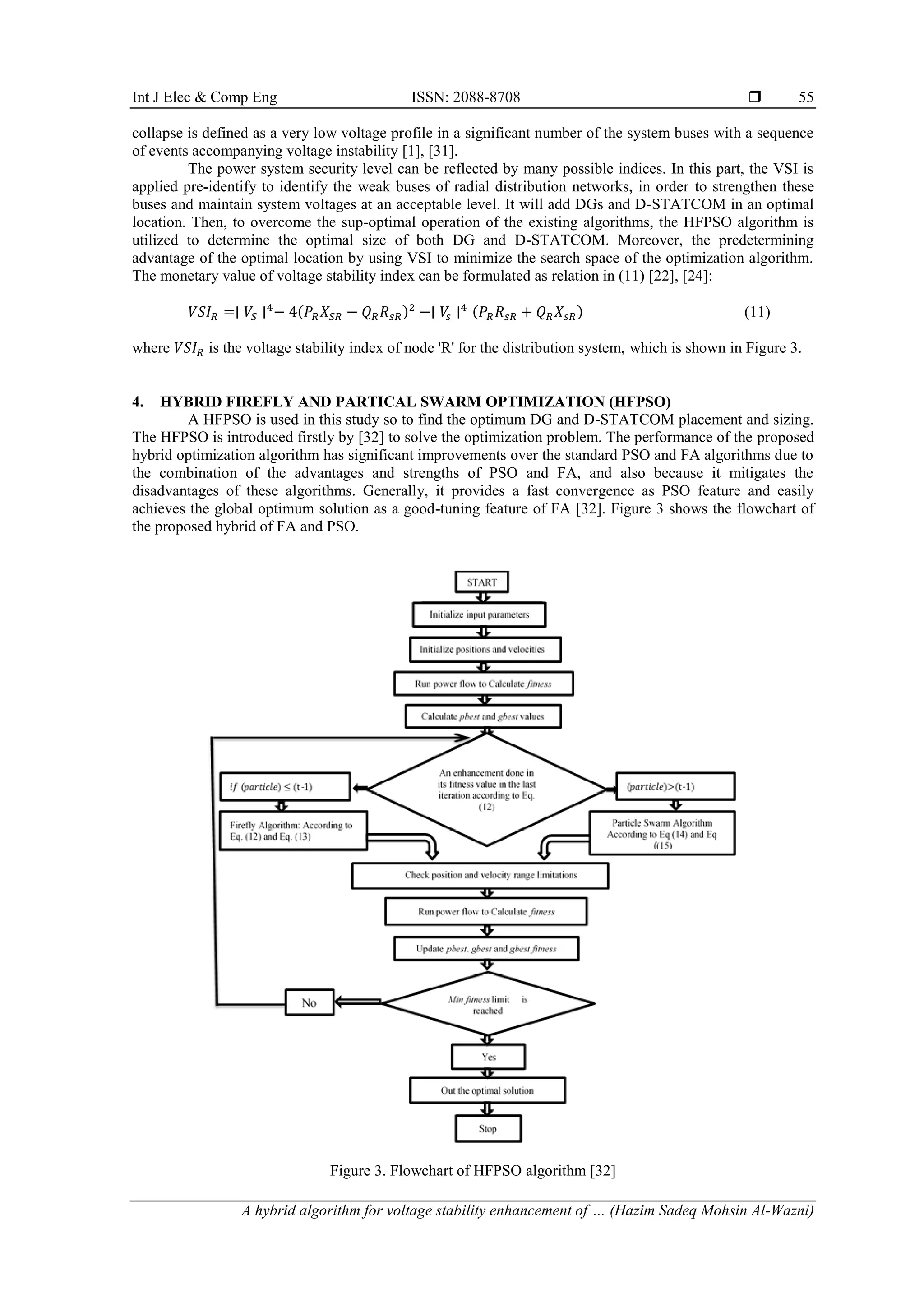Int J Elec & Comp Eng ISSN: 2088-8708 
A hybrid algorithm for voltage stability enhancement of … (Hazim Sadeq Mohsin Al-Wazni)
55
collapse is defined as a very low voltage profile in a significant number of the system buses with a sequence
of events accompanying voltage instability [1], [31].
The power system security level can be reflected by many possible indices. In this part, the VSI is
applied pre-identify to identify the weak buses of radial distribution networks, in order to strengthen these
buses and maintain system voltages at an acceptable level. It will add DGs and D-STATCOM in an optimal
location. Then, to overcome the sup-optimal operation of the existing algorithms, the HFPSO algorithm is
utilized to determine the optimal size of both DG and D-STATCOM. Moreover, the predetermining
advantage of the optimal location by using VSI to minimize the search space of the optimization algorithm.
The monetary value of voltage stability index can be formulated as relation in (11) [22], [24]:
𝑉𝑆𝐼𝑅 =∣ 𝑉𝑆 ∣4
− 4(𝑃𝑅𝑋𝑆𝑅 − 𝑄𝑅𝑅𝑠𝑅)2
−∣ 𝑉
𝑠 ∣4 (𝑃𝑅𝑅𝑠𝑅 + 𝑄𝑅𝑋𝑠𝑅) (11)
where 𝑉𝑆𝐼𝑅 is the voltage stability index of node 'R' for the distribution system, which is shown in Figure 3.
4. HYBRID FIREFLY AND PARTICAL SWARM OPTIMIZATION (HFPSO)
A HFPSO is used in this study so to find the optimum DG and D-STATCOM placement and sizing.
The HFPSO is introduced firstly by [32] to solve the optimization problem. The performance of the proposed
hybrid optimization algorithm has significant improvements over the standard PSO and FA algorithms due to
the combination of the advantages and strengths of PSO and FA, and also because it mitigates the
disadvantages of these algorithms. Generally, it provides a fast convergence as PSO feature and easily
achieves the global optimum solution as a good-tuning feature of FA [32]. Figure 3 shows the flowchart of
the proposed hybrid of FA and PSO.
Figure 3. Flowchart of HFPSO algorithm [32]
 