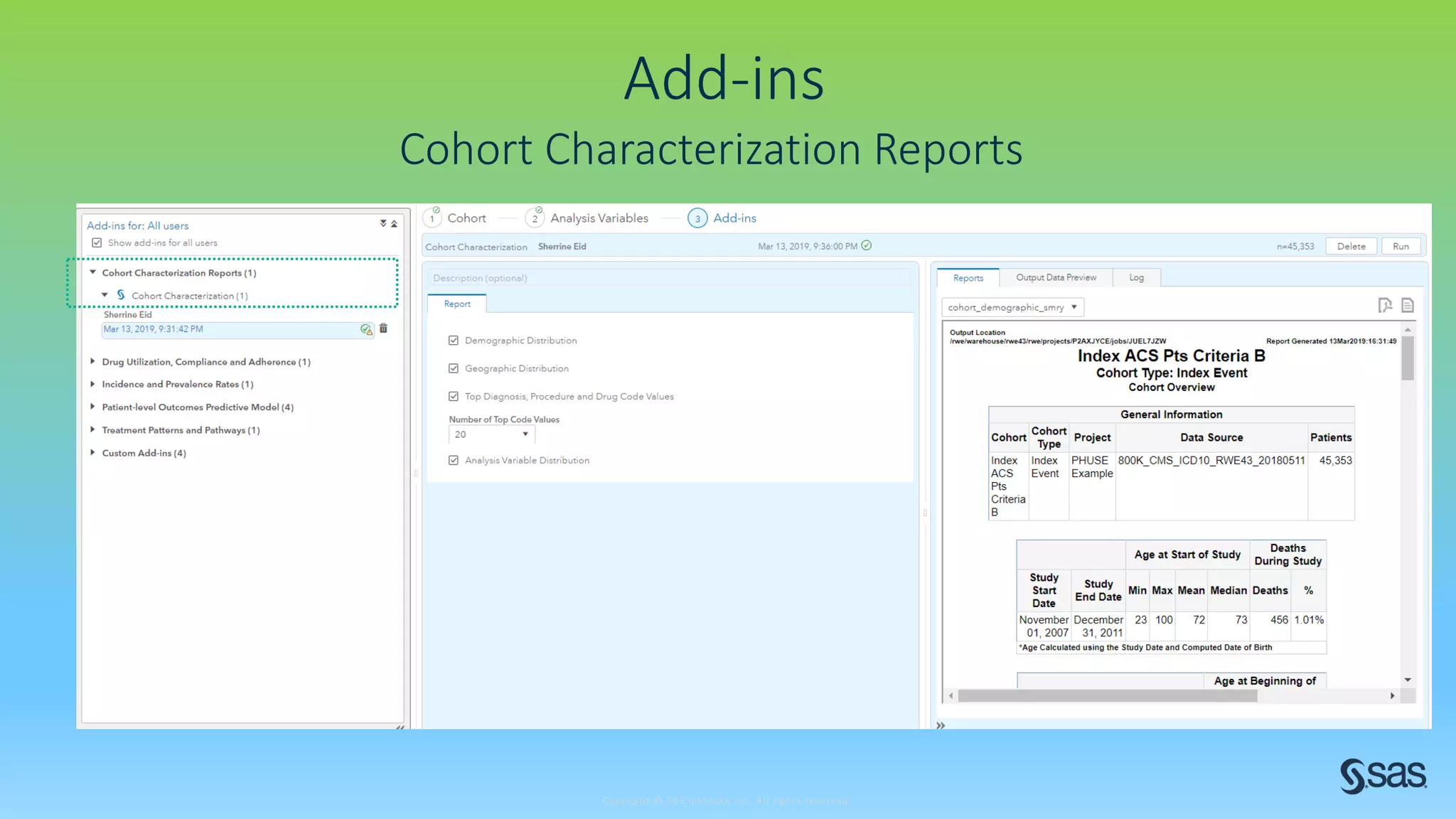 Copyright © SAS Institute Inc. All rights reserved.
Add-ins
Cohort Characterization Reports
 