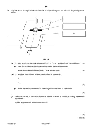 14
0625/32/F/M/15© UCLES 2015
9 Fig. 9.1 shows a simple electric motor with a single rectangular coil between magnetic poles X
and Y.
P
X Y
coil
Fig. 9.1
(a) (i) Add labels to the empty boxes to the right of Fig. 9.1, to identify the parts indicated. [2]
(ii) The coil rotates in a clockwise direction when viewed from point P.
State which of the magnetic poles, X or Y, is the N-pole. .............................................. [1]
(b) (i) Suggest two changes that cause the motor to spin faster.
1. .......................................................................................................................................
2. .......................................................................................................................................
[2]
(ii) State the effect on the motor of reversing the connections to the battery.
...................................................................................................................................... [1]
(c) The battery in Fig. 9.1 is replaced with a resistor. The coil is made to rotate by an external
mechanism.
Explain why there is a current in the resistor.
...................................................................................................................................................
...................................................................................................................................................
...............................................................................................................................................[2]
[Total: 8]
 
