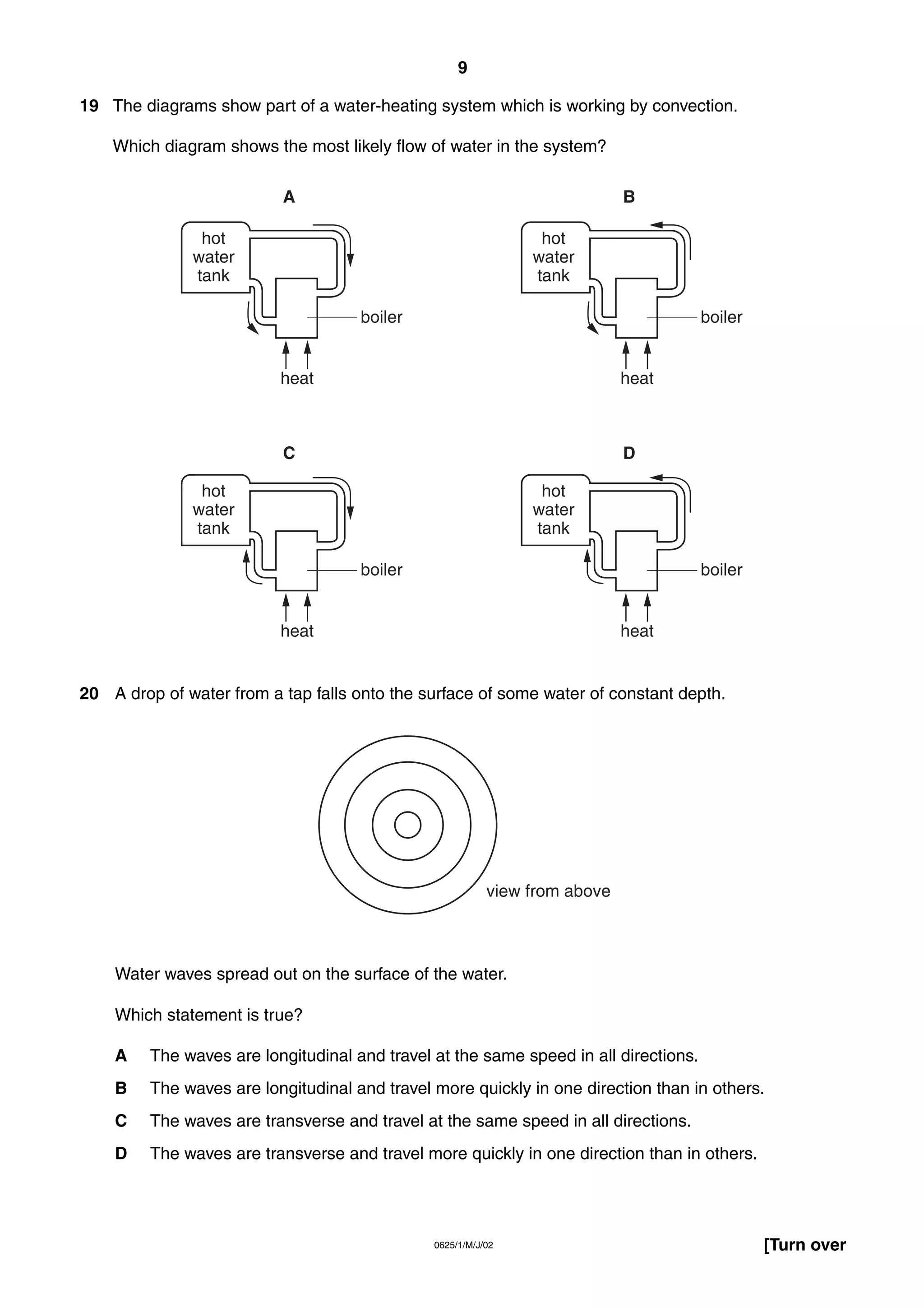 9
19 The diagrams show part of a water-heating system which is working by convection.
Which diagram shows the most likely flow of water in the system?
A

B

hot
water
tank

hot
water
tank
boiler

boiler

heat

heat

C

D

hot
water
tank

hot
water
tank
boiler

boiler

heat

heat

20 A drop of water from a tap falls onto the surface of some water of constant depth.

view from above

Water waves spread out on the surface of the water.
Which statement is true?
A

The waves are longitudinal and travel at the same speed in all directions.

B

The waves are longitudinal and travel more quickly in one direction than in others.

C

The waves are transverse and travel at the same speed in all directions.

D

The waves are transverse and travel more quickly in one direction than in others.

0625/1/M/J/02

[Turn over

 