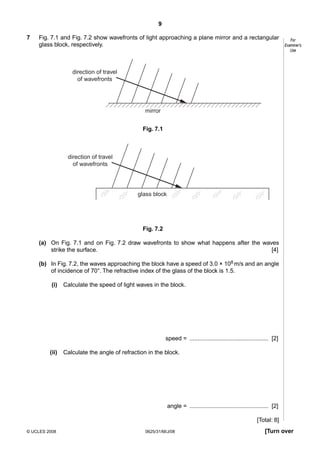 9
7

Fig. 7.1 and Fig. 7.2 show wavefronts of light approaching a plane mirror and a rectangular
glass block, respectively.

For
Examiner’s
Use

direction of travel
of wavefronts

mirror
Fig. 7.1

direction of travel
of wavefronts

glass block

Fig. 7.2
(a) On Fig. 7.1 and on Fig. 7.2 draw wavefronts to show what happens after the waves
strike the surface.
[4]
(b) In Fig. 7.2, the waves approaching the block have a speed of 3.0 × 108 m/s and an angle
of incidence of 70°. The refractive index of the glass of the block is 1.5.
(i)

Calculate the speed of light waves in the block.

speed = ................................................ [2]
(ii)

Calculate the angle of refraction in the block.

angle = ................................................ [2]
[Total: 8]
© UCLES 2008

0625/31/M/J/08

[Turn over

 
