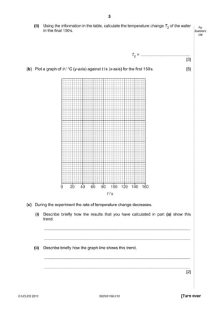 5
(ii)

Using the information in the table, calculate the temperature change T2 of the water
in the final 150 s.

For
Examiner’s
Use

T2 = ............................................
[3]
(b) Plot a graph of θ / °C (y-axis) against t / s (x-axis) for the first 150 s.

0

20

40

60

80

[5]

100 120 140 160
t /s

(c) During the experiment the rate of temperature change decreases.
(i)

Describe briefly how the results that you have calculated in part (a) show this
trend.
..................................................................................................................................
..................................................................................................................................

(ii)

Describe briefly how the graph line shows this trend.
..................................................................................................................................
..................................................................................................................................
[2]

© UCLES 2010

0625/61/M/J/10

[Turn over

 