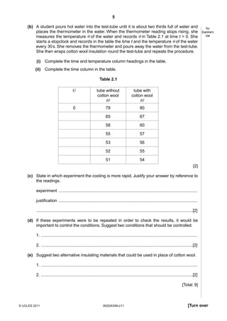 5
(b) A student pours hot water into the test-tube until it is about two thirds full of water and
places the thermometer in the water. When the thermometer reading stops rising, she
measures the temperature θ of the water and records θ in Table 2.1 at time t = 0. She
starts a stopclock and records in the table the time t and the temperature θ of the water
every 30 s. She removes the thermometer and pours away the water from the test-tube.
She then wraps cotton wool insulation round the test-tube and repeats the procedure.
(i)

Complete the time and temperature column headings in the table.

(ii)

For
Examiner’s
Use

Complete the time column in the table.
Table 2.1
t/

tube without
cotton wool
θ/

tube with
cotton wool
θ/

0

79

80

65

67

58

60

55

57

53

56

52

55

51

54
[2]

(c) State in which experiment the cooling is more rapid. Justify your answer by reference to
the readings.
experiment .......................................................................................................................
justification .......................................................................................................................
......................................................................................................................................[2]
(d) If these experiments were to be repeated in order to check the results, it would be
important to control the conditions. Suggest two conditions that should be controlled.
1. ......................................................................................................................................
2. ..................................................................................................................................[2]
(e) Suggest two alternative insulating materials that could be used in place of cotton wool.
1. ......................................................................................................................................
2. ..................................................................................................................................[2]
[Total: 9]

© UCLES 2011

0625/63/M/J/11

[Turn over

 