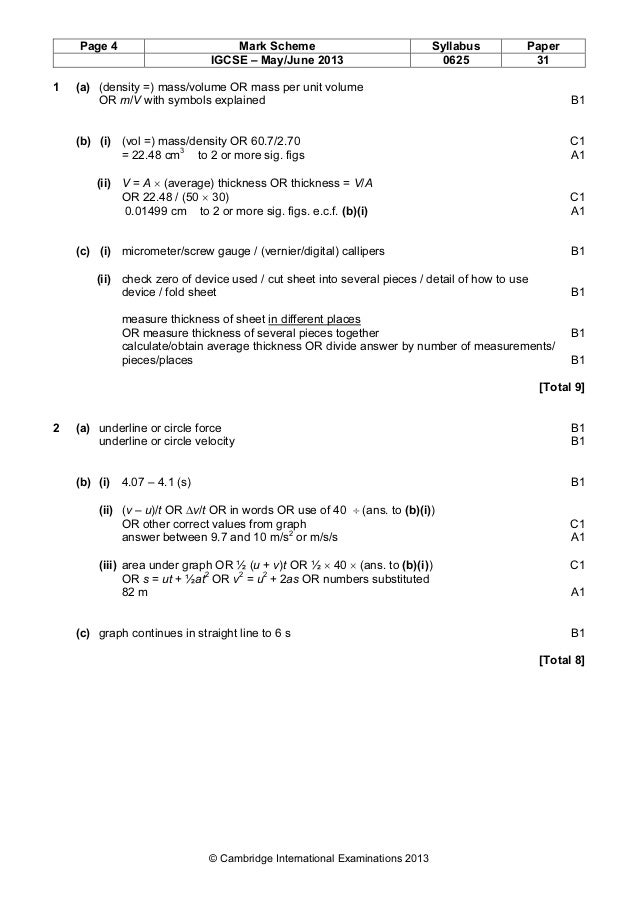 Physics 0625 Paper 3 version 1 Mark scheme May Jun 2013
