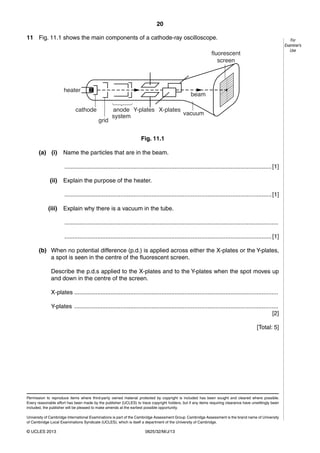 20 
11 Fig. 11.1 shows the main components of a cathode-ray oscilloscope. 
KHDWHU 
FDWKRGH <SODWHV ;SODWHV 
DQRGH 
VVWHP 
JULG 
Fig. 11.1 
(a) (i) Name the particles that are in the beam. 
.............................................................................................................................. [1] 
(ii) Explain the purpose of the heater. 
.............................................................................................................................. [1] 
(iii) Explain why there is a vacuum in the tube. 
.................................................................................................................................. 
.............................................................................................................................. [1] 
(b) When no potential difference (p.d.) is applied across either the X-plates or the Y-plates, 
a spot is seen in the centre of the fluorescent screen. 
Describe the p.d.s applied to the X-plates and to the Y-plates when the spot moves up 
and down in the centre of the screen. 
X-plates ............................................................................................................................ 
Y-plates ............................................................................................................................ 
© UCLES 2013 0625/32/M/J/13 
For 
Examiner’s 
Use 
EHDP 
YDFXXP 
IOXRUHVFHQW 
VFUHHQ 
[2] 
[Total: 5] 
Permission to reproduce items where third-party owned material protected by copyright is included has been sought and cleared where possible. 
Every reasonable effort has been made by the publisher (UCLES) to trace copyright holders, but if any items requiring clearance have unwittingly been 
included, the publisher will be pleased to make amends at the earliest possible opportunity. 
University of Cambridge International Examinations is part of the Cambridge Assessment Group. Cambridge Assessment is the brand name of University 
of Cambridge Local Examinations Syndicate (UCLES), which is itself a department of the University of Cambridge. 
