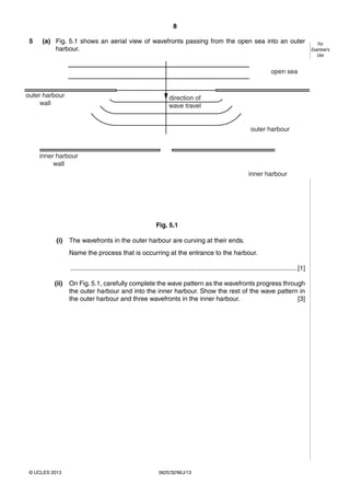 8 
© UCLES 2013 0625/32/M/J/13 
For 
Examiner’s 
Use 
5 (a) Fig. 5.1 shows an aerial view of wavefronts passing from the open sea into an outer 
harbour. 
direction of 
wave travel 
outer harbour 
wall 
open sea 
outer harbour 
inner harbour 
inner harbour 
wall 
Fig. 5.1 
(i) The wavefronts in the outer harbour are curving at their ends. 
Name the process that is occurring at the entrance to the harbour. 
.............................................................................................................................. [1] 
(ii) On Fig. 5.1, carefully complete the wave pattern as the wavefronts progress through 
the outer harbour and into the inner harbour. Show the rest of the wave pattern in 
the outer harbour and three wavefronts in the inner harbour. [3] 
 