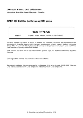 CAMBRIDGE INTERNATIONAL EXAMINATIONS 
International General Certificate of Secondary Education 
MARK SCHEME for the May/June 2014 series 
0625 PHYSICS 
0625/21 Paper 2 (Core Theory), maximum raw mark 80 
This mark scheme is published as an aid to teachers and candidates, to indicate the requirements of the 
examination. It shows the basis on which Examiners were instructed to award marks. It does not indicate the 
details of the discussions that took place at an Examiners’ meeting before marking began, which would have 
considered the acceptability of alternative answers. 
Mark schemes should be read in conjunction with the question paper and the Principal Examiner Report for 
Teachers. 
Cambridge will not enter into discussions about these mark schemes. 
Cambridge is publishing the mark schemes for the May/June 2014 series for most IGCSE, GCE Advanced 
Level and Advanced Subsidiary Level components and some Ordinary Level components. 
© Cambridge International Examinations 2014 
 
