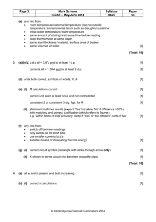 Page 3 Mark Scheme Syllabus Paper 
IGCSE – May/June 2014 0625 53 
© Cambridge International Examinations 2014 
(e) any two from: 
• room temperature / external temperature (but not outside 
temperature / environmental factor such as draughts / sunshine 
• initial water temperature / start temperature 
• same amount of stirring / wait same time before reading 
• keep thermometer at same depth 
• same size / thickness / material / surface area of beaker 
• same volumes of water [2] 
[Total: 10] 
3 (a)(b)(c) p.d.s all < 3.0 V and to at least 1d.p. [1] 
currents all < 1.50 A and to at least 2 d.p. [1] 
(d) units both correct, symbols or words, V, A [1] 
(e) (i) R calculations correct [1] 
correct unit seen at least once and not contradicted [1] 
consistent 2 or consistent 3 sig. figs. for R [1] 
(ii) statement matches results (expect ‘Yes’ but allow ‘No’ if difference >10%) 
with matching and correct justification (which refers to figures) 
e.g. ‘within limits of expt accuracy’ owtte if ‘Yes’ or ‘too different’ owtte if ‘No’ [1] 
(f) any one from: 
• switch off between readings 
• only switch on for short time 
• use smaller currents / p.d.s 
• suitable means of dissipating thermal energy [1] 
(g) (i) correct circuit symbol (rectangle with strike-through arrow only) [1] 
(ii) X shown in series circuit (not between crocodile clips) [1] 
[Total: 10] 
4 (a) all w and h present and both increasing [1] 
(b) (i) correct s calculations [1] 
 