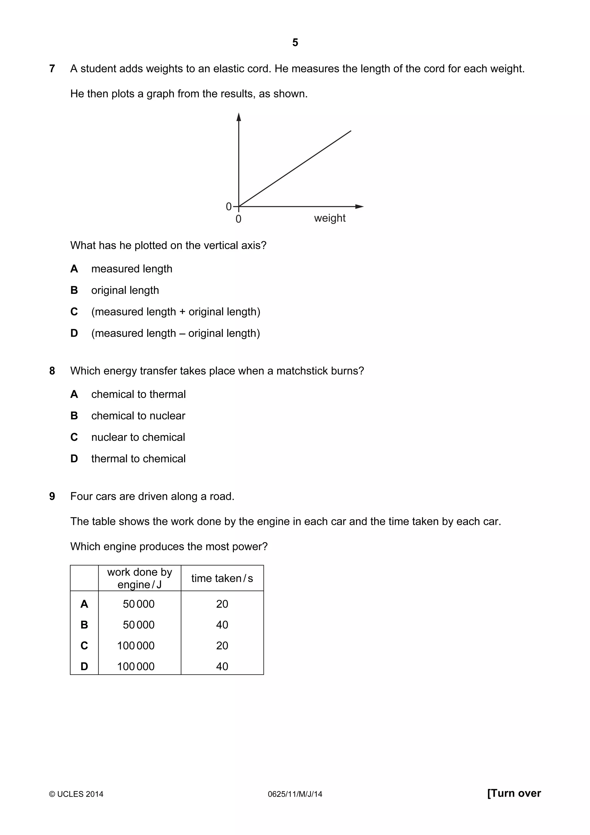 5 
7 A student adds weights to an elastic cord. He measures the length of the cord for each weight. 
He then plots a graph from the results, as shown. 
0 
0 
weight 
What has he plotted on the vertical axis? 
A measured length 
B original length 
C (measured length + original length) 
D (measured length – original length) 
8 Which energy transfer takes place when a matchstick burns? 
A chemical to thermal 
B chemical to nuclear 
C nuclear to chemical 
D thermal to chemical 
9 Four cars are driven along a road. 
The table shows the work done by the engine in each car and the time taken by each car. 
Which engine produces the most power? 
work done by 
engine / J 
time taken / s 
A 50 000 20 
B 50 000 40 
C 100 000 20 
D 100 000 40 
© UCLES 2014 0625/11/M/J/14 [Turn over 
 