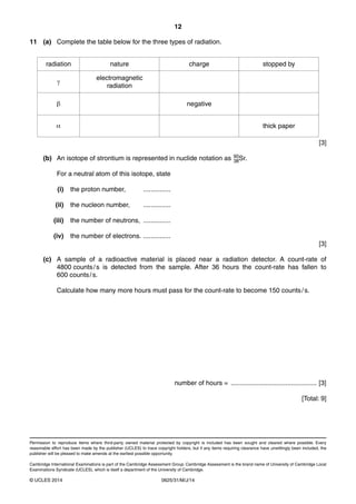 12 
11 (a) Complete the table below for the three types of radiation. 
radiation nature charge stopped by 
γ 
electromagnetic 
radiation 
β negative 
α thick paper 
Permission to reproduce items where third-party owned material protected by copyright is included has been sought and cleared where possible. Every 
reasonable effort has been made by the publisher (UCLES) to trace copyright holders, but if any items requiring clearance have unwittingly been included, the 
publisher will be pleased to make amends at the earliest possible opportunity. 
Cambridge International Examinations is part of the Cambridge Assessment Group. Cambridge Assessment is the brand name of University of Cambridge Local 
Examinations Syndicate (UCLES), which is itself a department of the University of Cambridge. 
© UCLES 2014 0625/31/M/J/14 
[3] 
(b) An isotope of strontium is represented in nuclide notation as 90 
38Sr. 
For a neutral atom of this isotope, state 
(i) the proton number, ............... 
(ii) the nucleon number, ............... 
(iii) the number of neutrons, ............... 
(iv) the number of electrons. ............... 
[3] 
(c) A sample of a radioactive material is placed near a radiation detector. A count-rate of 
4800 counts / s is detected from the sample. After 36 hours the count-rate has fallen to 
600 counts / s. 
Calculate how many more hours must pass for the count-rate to become 150 counts / s. 
number of hours = ............................................... [3] 
[Total: 9] 
