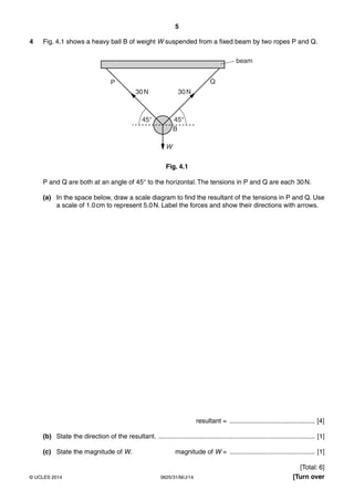 5 
4 Fig. 4.1 shows a heavy ball B of weight W suspended from a fixed beam by two ropes P and Q. 
30 N 
30 N 
45° 45° 
B 
P 
beam 
Q 
W 
Fig. 4.1 
P and Q are both at an angle of 45° to the horizontal. The tensions in P and Q are each 30 N. 
(a) In the space below, draw a scale diagram to find the resultant of the tensions in P and Q. Use 
a scale of 1.0 cm to represent 5.0 N. Label the forces and show their directions with arrows. 
resultant = ............................................... [4] 
(b) State the direction of the resultant. ...................................................................................... [1] 
(c) State the magnitude of W. magnitude of W = ............................................... [1] 
[Total: 6] 
© UCLES 2014 0625/31/M/J/14 [Turn over 
 