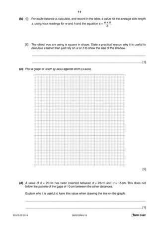 11 
(b) (i) For each distance d, calculate, and record in the table, a value for the average side length 
s, using your readings for w and h and the equation s = w + h 
2 
. 
(ii) The object you are using is square in shape. State a practical reason why it is useful to 
calculate s rather than just rely on w or h to show the size of the shadow. 
........................................................................................................................................... 
.......................................................................................................................................[1] 
(c) Plot a graph of s / cm (y-axis) against d /cm (x-axis). 
[5] 
(d) A value of d = 20 cm has been inserted between d = 25 cm and d = 15 cm. This does not 
follow the pattern of the gaps of 10 cm between the other distances. 
Explain why it is useful to have this value when drawing the line on the graph. 
................................................................................................................................................... 
...............................................................................................................................................[1] 
© UCLES 2014 0625/53/M/J/14 [Turn over 
 