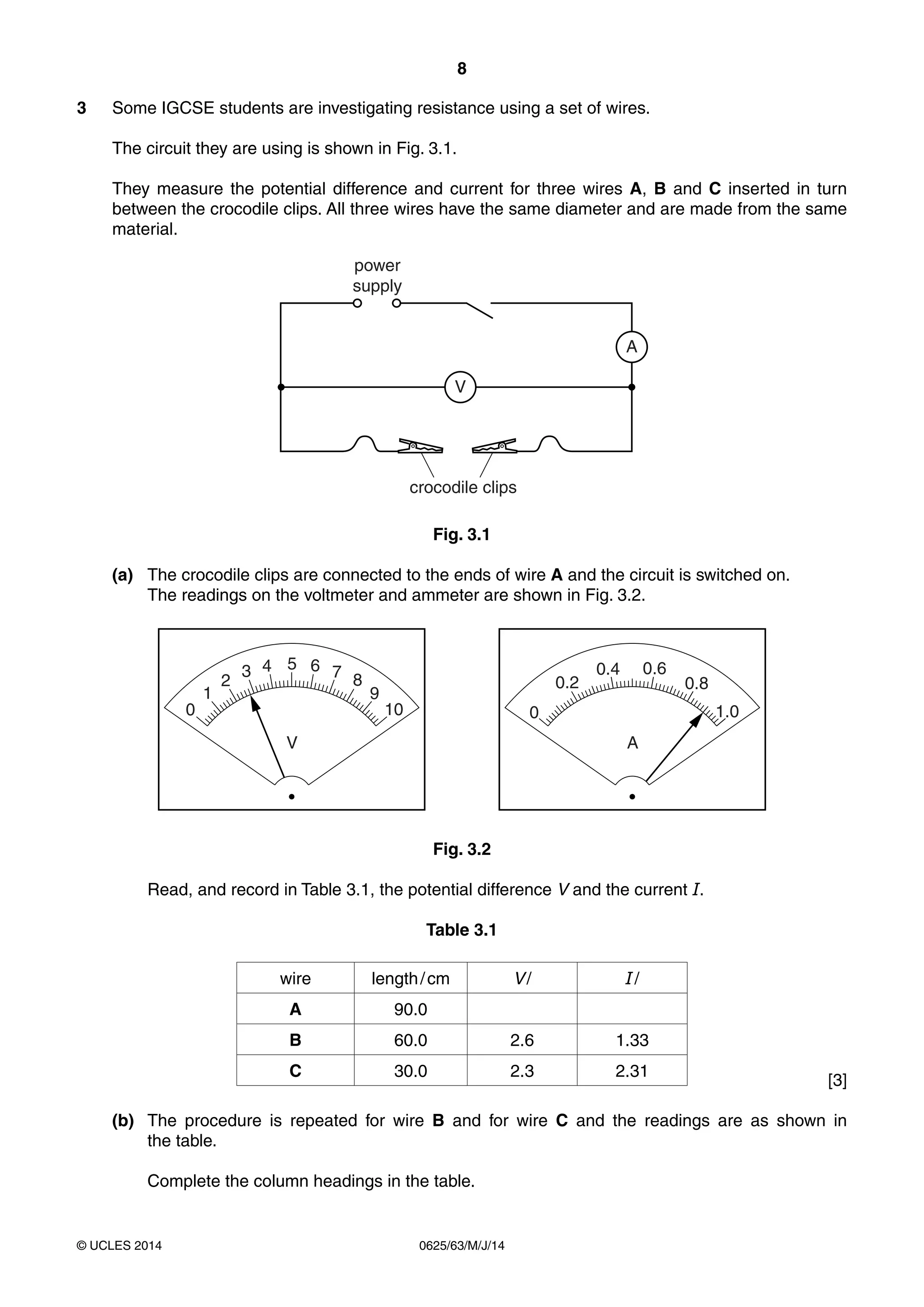 8
0625/63/M/J/14© UCLES 2014
3 Some IGCSE students are investigating resistance using a set of wires.
The circuit they are using is shown in Fig. 3.1.
They measure the potential difference and current for three wires A, B and C inserted in turn
between the crocodile clips. All three wires have the same diameter and are made from the same
material.
power
supply
crocodile clips
V
A
Fig. 3.1
(a) The crocodile clips are connected to the ends of wire A and the circuit is switched on.
The readings on the voltmeter and ammeter are shown in Fig. 3.2.
5
V
6 7 8
9
10
43
2
1
0
A
0.6
0.8
1.0
0.4
0.2
0
Fig. 3.2
Read, and record in Table 3.1, the potential difference V and the current I.
Table 3.1
wire length/cm V/ I/
A 90.0
B 60.0 2.6 1.33
C 30.0 2.3 2.31
[3]
(b) The procedure is repeated for wire B and for wire C and the readings are as shown in
the table.
Complete the column headings in the table.
 