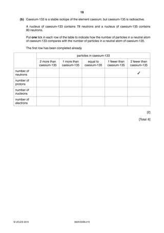 19
0625/33/M/J/15© UCLES 2015
(b) Caesium-133 is a stable isotope of the element caesium, but caesium-135 is radioactive.
A nucleus of caesium-133 contains 78 neutrons and a nucleus of caesium-135 contains
80 neutrons.
Put one tick in each row of the table to indicate how the number of particles in a neutral atom
of caesium-133 compares with the number of particles in a neutral atom of caesium-135.
The first row has been completed already.
particles in caesium-133
2 more than
caesium-135
1 more than
caesium-135
equal to
caesium-135
1 fewer than
caesium-135
2 fewer than
caesium-135
number of
neutrons ✓
number of
protons
number of
nucleons
number of
electrons
[2]
[Total: 6]
 