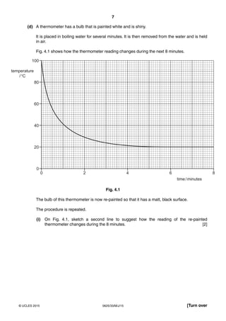 7
0625/33/M/J/15© UCLES 2015 [Turn over
(d) A thermometer has a bulb that is painted white and is shiny.
It is placed in boiling water for several minutes. It is then removed from the water and is held
in air.
Fig. 4.1 shows how the thermometer reading changes during the next 8 minutes.
100
80
60
40
20
0
0 2 4 6 8
time/minutes
temperature
/°C
Fig. 4.1
The bulb of this thermometer is now re-painted so that it has a matt, black surface.
The procedure is repeated.
(i) On Fig. 4.1, sketch a second line to suggest how the reading of the re-painted
thermometer changes during the 8 minutes. [2]
 
