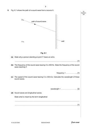 7
6

Fig. 6.1 shows the path of a sound wave from a source X.

For
Examiner’s
Use

X
path of sound wave

wall

Y

Fig. 6.1
(a) State why a person standing at point Y hears an echo.
..................................................................................................................................... [1]
(b) The frequency of the sound wave leaving X is 400 Hz. State the frequency of the sound
wave reaching Y.

frequency = ……………….. [1]
(c) The speed of the sound wave leaving X is 330 m/s. Calculate the wavelength of these
sound waves.

wavelength = ………………………. [2]
(d) Sound waves are longitudinal waves.
State what is meant by the term longitudinal.
..........................................................................................................................................
..................................................................................................................................... [1]

© UCLES 2005

0625/03/O/N/05

[Turn over

 