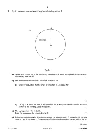 9
6

Fig. 6.1 shows an enlarged view of a spherical raindrop, centre O.

A
air

raindrop
O

Fig. 6.1
(a) On Fig. 6.1, draw a ray in the air striking the raindrop at A with an angle of incidence of 59°
and coming from the left.
[1]
(b) The water in the raindrop has a refractive index of 1.33.
(i)

Show by calculation that the angle of refraction at A is about 40°.

[2]
(ii)

On Fig. 6.1, draw the path of the refracted ray to the point where it strikes the inner
surface of the raindrop. Label this point B.
[1]

(c) The ray is partially reflected at B.
Draw the normal and the reflected ray at B.

[1]

(d) Extend the reflected ray to strike the surface of the raindrop again. At this point it is partially
refracted out of the raindrop. Draw the approximate path of this ray as it emerges into the air.
[1]
[Total: 6]
© UCLES 2011

0625/32/O/N/11

[Turn over

 