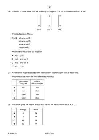 12
© UCLES 2014 0625/11/O/N/14
26 The ends of three metal rods are tested by holding end Q of rod 1 close to the others in turn.
rod 1 rod 2 rod 3
Q
R
S
T
U
The results are as follows.
End Q: attracts end R,
attracts end S,
attracts end T,
repels end U.
Which of the metal rods is a magnet?
A rod 1 only
B rod 1 and rod 2
C rod 1 and rod 3
D rod 3 only
27 A permanent magnet is made from metal and an electromagnet uses a metal core.
Which metal is suitable for each of these purposes?
permanent
magnet
core of
electromagnet
A iron iron
B iron steel
C steel iron
D steel steel
28 Which row gives the unit for energy and the unit for electromotive force (e.m.f.)?
energy e.m.f.
A J N
B J V
C W N
D W V
 