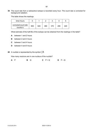 17
© UCLES 2014 0625/11/O/N/14
39 The count rate from a radioactive isotope is recorded every hour. The count rate is corrected for
background radiation.
The table shows the readings.
time/hours 0 1 2 3 4 5
s/counts
ratecountcorrected
800 620 480 370 290 220
What estimate of the half-life of the isotope can be obtained from the readings in the table?
A between 1 and 2 hours
B between 2 and 3 hours
C between 3 and 4 hours
D between 4 and 5 hours
40 A nuclide is represented by the symbol .XP
Q
How many neutrons are in one nucleus of the nuclide?
A P B Q C P + Q D P – Q
 
