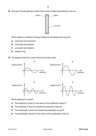 9
© UCLES 2014 0625/11/O/N/14 [Turn over
18 One type of double glazing consists of two panes of glass separated by a vacuum.
glass
vacuum
glass
Which method or methods of energy transfer are prevented by the vacuum?
A conduction and convection
B conduction and radiation
C convection and radiation
D radiation only
19 The diagram shows four waves drawn to the same scale.
0
0
P
distance
0
0
Q
distance
0
0
R
distance
0
0
S
distance
displacement displacement
displacement displacement
Which statement is correct?
A The amplitude of wave P is the same as the amplitude of wave R.
B The amplitude of wave S is double the amplitude of wave Q.
C The wavelength of wave Q is double the wavelength of wave P.
D The wavelength of wave S is the same as the wavelength of wave Q.
 