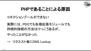 コネクションプールができない 
実際には、PDOでも各種拡張モジュールでも 
持続的接続の方法はけっこうあるが、 
やったことがなかった 
→　リクエスト毎にDNS Lookup 
 
PHPであることによる原因 
 