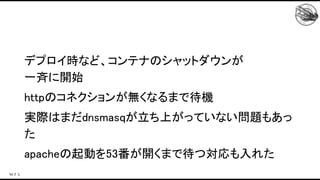 デプロイ時など、コンテナのシャットダウンが 
一斉に開始 
httpのコネクションが無くなるまで待機 
実際はまだdnsmasqが立ち上がっていない問題もあっ
た 
apacheの起動を53番が開くまで待つ対応も入れた 
 