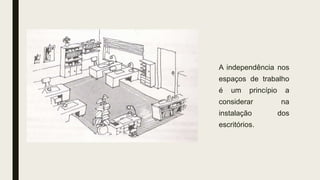 A independência nos
espaços de trabalho
é um princípio a
considerar na
instalação dos
escritórios.
 