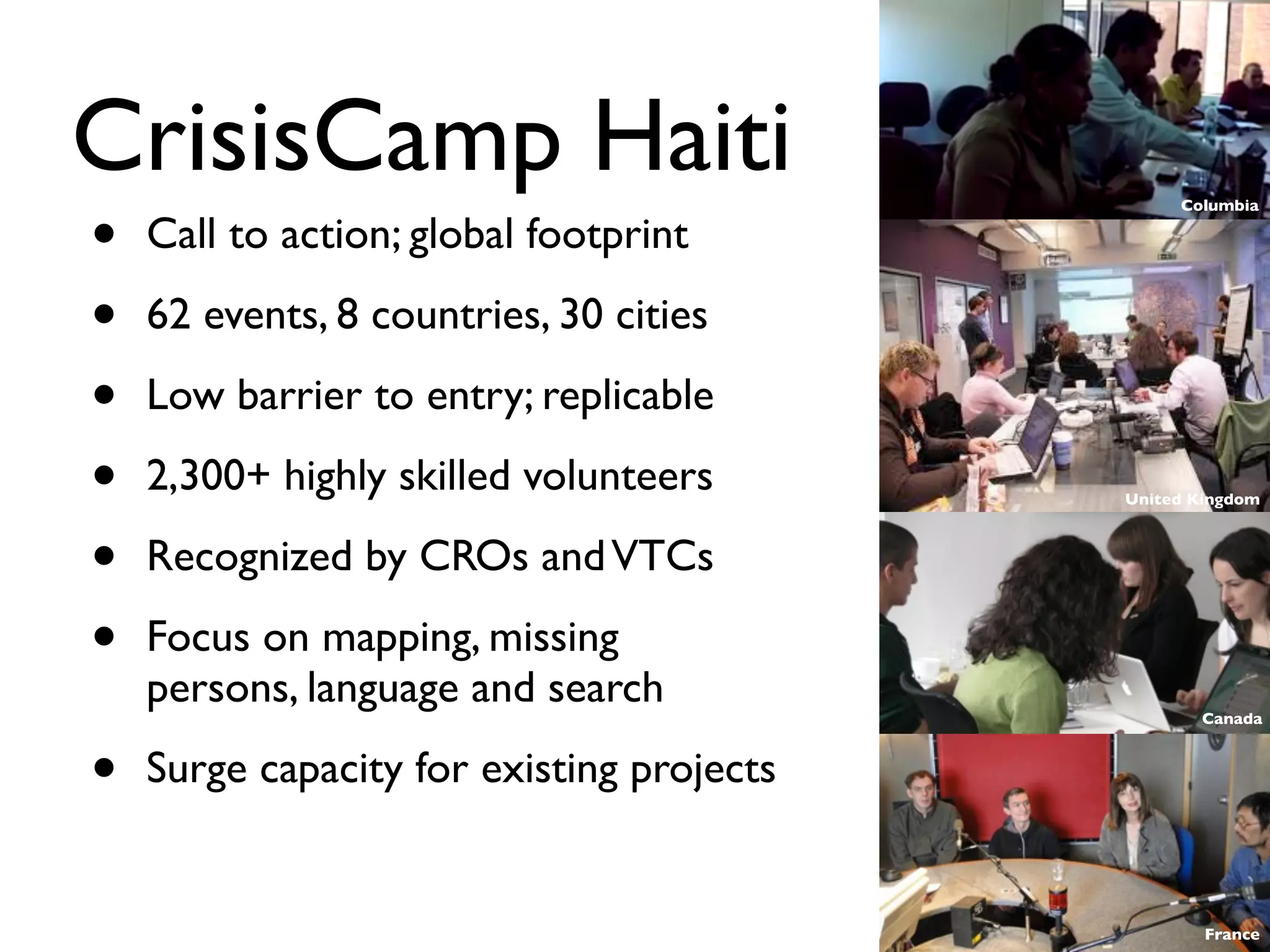 CrisisCamp Haiti
•
                                                Columbia

    Call to action; global footprint

•   62 events, 8 countries, 30 cities

•   Low barrier to entry; replicable

•   2,300+ highly skilled volunteers       United Kingdom



•   Recognized by CROs and VTCs

•   Focus on mapping, missing
    persons, language and search                  Canada



•   Surge capacity for existing projects


                                                   France
 