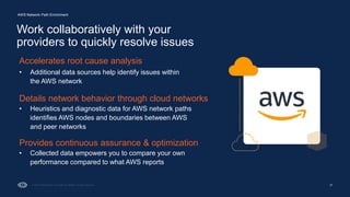 AWS Network Path Enrichment
Work collaboratively with your
providers to quickly resolve issues
27
Accelerates root cause analysis
• Additional data sources help identify issues within
the AWS network
Details network behavior through cloud networks
• Heuristics and diagnostic data for AWS network paths
identifies AWS nodes and boundaries between AWS
and peer networks
Provides continuous assurance & optimization
• Collected data empowers you to compare your own
performance compared to what AWS reports
 