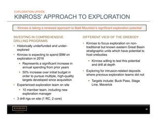 kinross.com
2929
EXPLORATION UPSIDE
KINROSS’ APPROACH TO EXPLORATION
INVESTING IN COMPREHENSIVE
DRILLING PROGRAMS
• Historically underfunded and under-
explored
• Kinross is expecting to spend $9M on
exploration in 2016
 Represents a significant increase in
annual spending from prior years
 50% increase over initial budget in
order to pursue multiple, high-quality
targets developed since acquisition
• Experienced exploration team on site
 10 member team, including new
exploration manager
• 3 drill rigs on site (1 RC, 2 core)
Kinross is taking a renewed approach to Bald Mountain’s significant exploration potential
DIFFERENT VIEW OF THE OREBODY
• Kinross to focus exploration on non-
traditional but known eastern Great Basin
stratigraphic units which have potential to
host orebodies
 Kinross willing to test this potential
and drill at depth
• Exploring for intrusion-related deposits
where previous exploration teams did not
 Targets include: Buck Pass, Stage
Line, Maverick
 