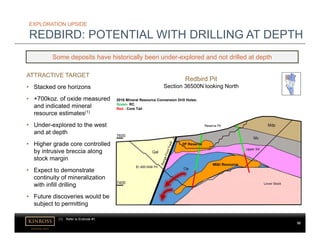kinross.com
32
EXPLORATION UPSIDE
REDBIRD: POTENTIAL WITH DRILLING AT DEPTH
Some deposits have historically been under-explored and not drilled at depth
ATTRACTIVE TARGET
• Stacked ore horizons
• +700koz. of oxide measured
and indicated mineral
resource estimates(1)
• Under-explored to the west
and at depth
• Higher grade core controlled
by intrusive breccia along
stock margin
• Expect to demonstrate
continuity of mineralization
with infill drilling
• Future discoveries would be
subject to permitting
Redbird Pit
Section 36500N looking North
2016 Mineral Resource Conversion Drill Holes:
Green- RC
Red - Core Tail
(1) Refer to Endnote #1.
 