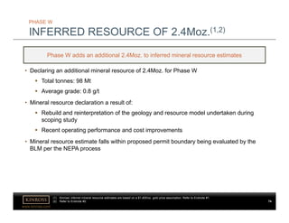 www.kinross.com
PHASE W
INFERRED RESOURCE OF 2.4Moz.(1,2)
Phase W adds an additional 2.4Moz. to inferred mineral resource estimates
• Declaring an additional mineral resource of 2.4Moz. for Phase W
 Total tonnes: 98 Mt
 Average grade: 0.8 g/t
• Mineral resource declaration a result of:
 Rebuild and reinterpretation of the geology and resource model undertaken during
scoping study
 Recent operating performance and cost improvements
• Mineral resource estimate falls within proposed permit boundary being evaluated by the
BLM per the NEPA process
74
(1) Kinross’ inferred mineral resource estimates are based on a $1,400/oz. gold price assumption. Refer to Endnote #1.
(2) Refer to Endnote #2.
 