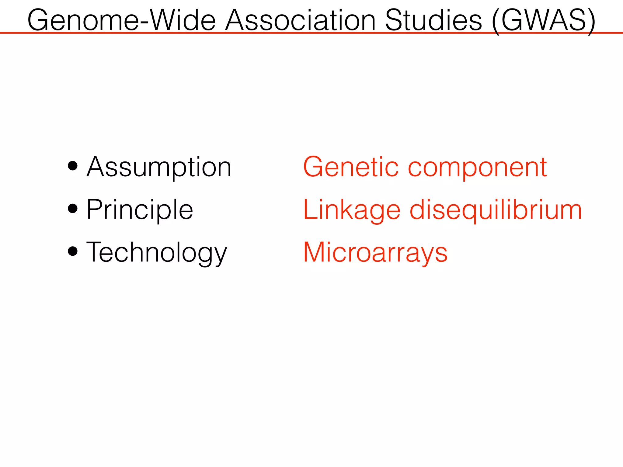 • Assumption
• Principle
• Technology
Genome-Wide Association Studies (GWAS)
Genetic component
Linkage disequilibrium
Microarrays
 