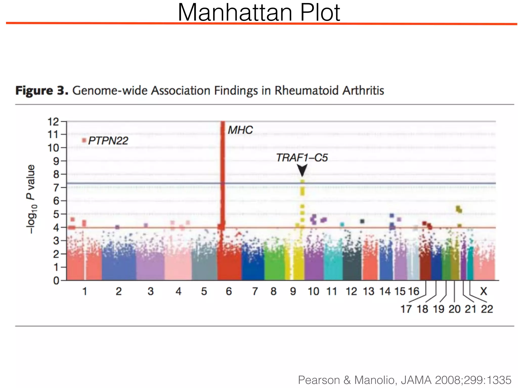 Pearson & Manolio, JAMA 2008;299:1335
Manhattan Plot
 