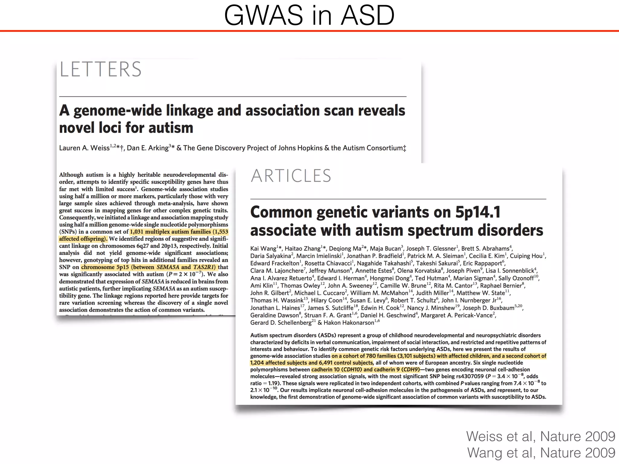GWAS in ASD
Weiss et al, Nature 2009
Wang et al, Nature 2009
 