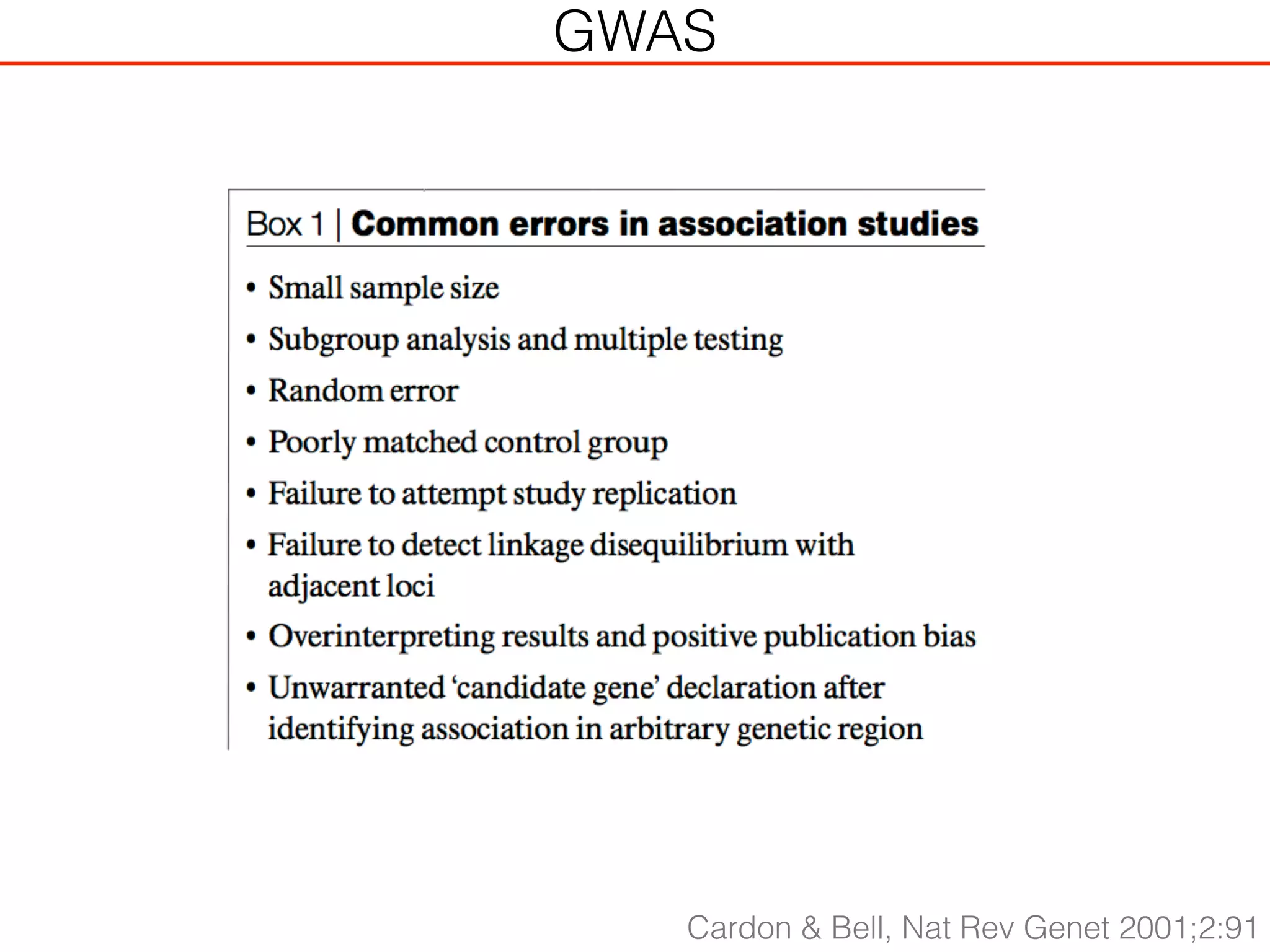 Cardon & Bell, Nat Rev Genet 2001;2:91
GWAS
 