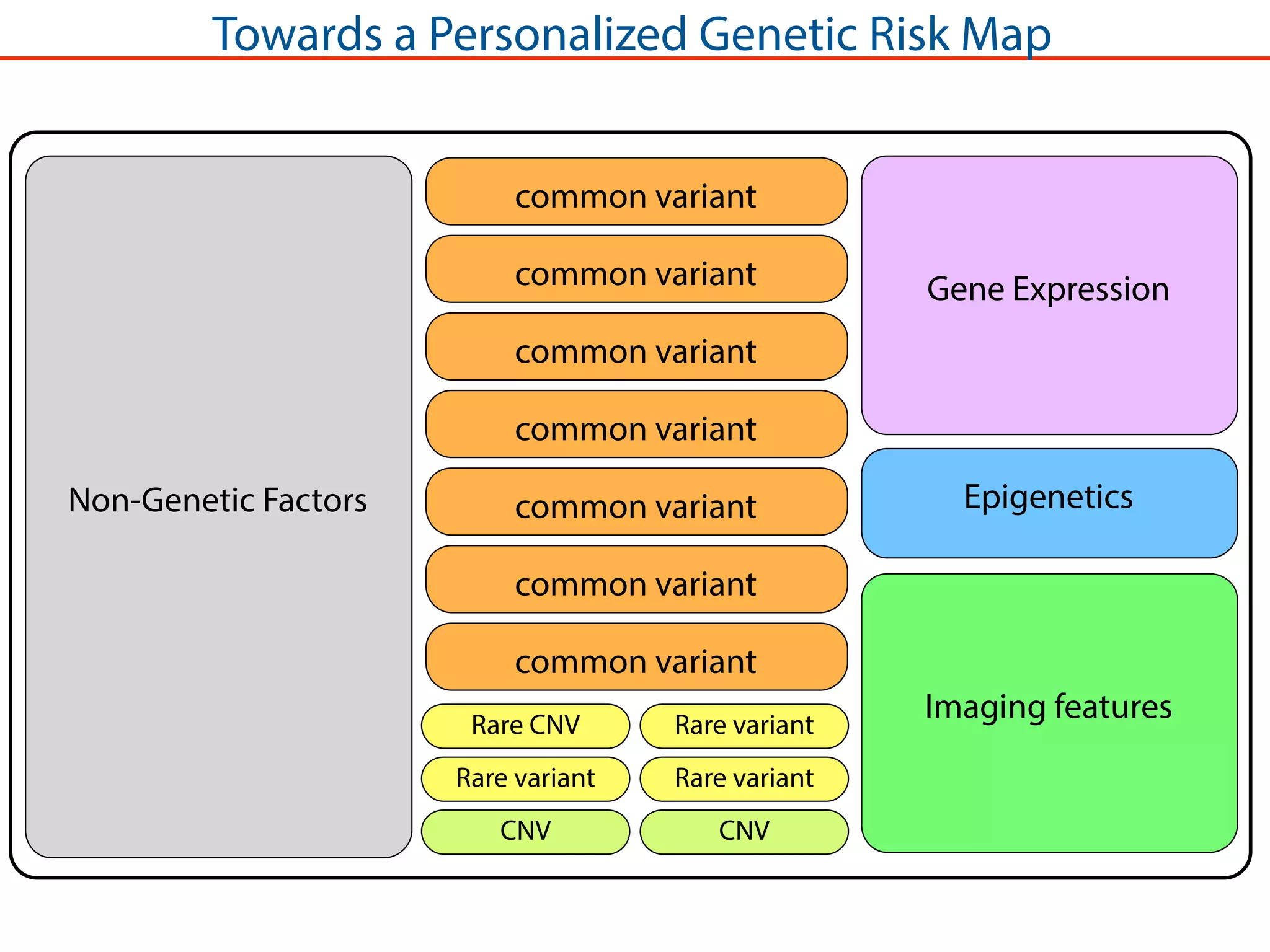 Non-Genetic Factors
common variant
common variant
Imaging features
common variant
Rare CNV Rare variant
Rare variantRare variant
CNV CNV
common variant
Gene Expression
Epigenetics
Towards a Personalized Genetic Risk Map
common variant
common variant
common variant
 