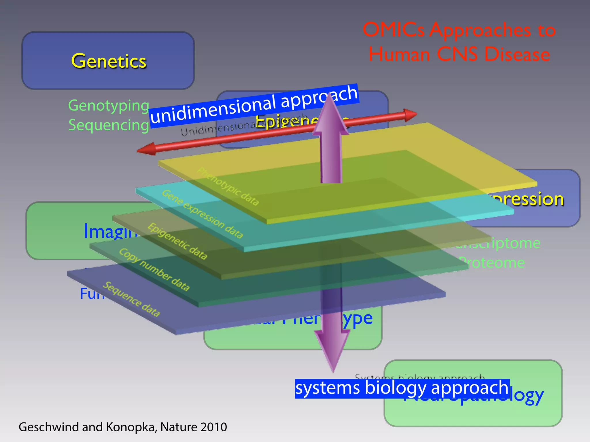 Genetics
Gene Expression
Imaging
Clinical Phenotype
Epigenetics
Genotyping
Sequencing
Transcriptome
Proteome
Methylome
...
Structural
Functional
Neuropathology
OMICs Approaches to
Human CNS Disease
unidimensional approach
systems biology approach
Geschwind and Konopka, Nature 2010
 