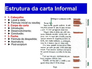 Estrutura da carta Informal
 1. Cabeçalho
 ► Local e data;
 ► Fórmula inicial ou saudação;
 2. Corpo da carta
 ► Introdução;
 ► Desenvolvimento;
 ► Conclusão;
 3. Fecho
 ► Fórmula de despedida;
 ► Assinatura;
 ► Post-scriptum
 