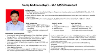 Pradip Mukhopadhyay – SAP BASIS Consultant
Areas of Expertise
• SAP NetWeaver & SAP BASIS Platform.
• SAP Upgrade, OS/DC migration & SAP
Installation.
• Oracle and MSSQL installation and
upgrade.
Industry Sectors
• Media
• Energy, Natural Resources.
• Manufacturing
• Consumer Goods
Some Key Clients
• Yell Limited, UK
• GE Energy,GE Power & Water, USA
• DuraFiber Technologies Inc, USA
• Philip Morris International, Europe
Experience & Accomplishments
• Performed E2E SAP OS/DC/HW Migration of ECC, BW, EP and Solution
Manager Systems and successfully contributed as a team member.
• Experience in SAP Dual Stack System Split, Oracle Upgrade, SAP
Upgrade which were pre-steps for BW on HANA Migration.
• Performed multiple SAP application installation along with MSSQL and
Oracle database.
• Implementation of SAP TAO 3.0, Trex and DMS on RHEL Linux for GE
Power & Water Customer.
• Performed SAP SPS and release upgrade for ECC, BW systems along
with MSSQL upgrade for Philip Morris International Customer.
• Performed E2E SAP Implementation of ERP, BIW, EP, Solution Manager, CRM
and successfully contributed as a team member towards timely completion.
• Executed multiple System refresh for ECC, BW, EP, including oracle database
restore and recovery tasks.
• Performed EHP7 upgrade for ECC6 system on Oracle for GE Energy
Customer.
• Performed MSSQL and Oracle database administration activities including
installation and upgrade
• Performed AS ABAP performance tuning for improving system performance.
Profile Summary
• SAP Basis/NetWeaver Consultant with 4 years of experience in various SAP products like ERP, CRM, SRM, BIW, PI, EP,
Trex, DMS, Business Connector.
• Having exposure on RHEL, AIX, Solaris, Windows server working environment, along with Oracle and MSSQL database
administration.
• Performed E2E SAP Implementation, Upgrade, OS/DC Migration, Dual Stack System Split, and System Refresh
 
