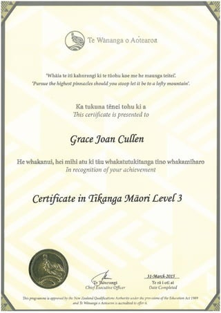 Certificate in Tikanga Maori March 2015