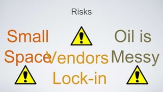 Risks
Small
SpaceVendors
Lock-in
Oil is
Messy
 