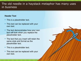 The old needle in a haystack metaphor has many uses in business <ul><li>Header Text </li></ul><ul><li>This is a placeholde...