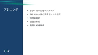 アジェンダ • ドライバーのセットアップ
• SAP HANA 側の受信ポートの設定
• 権限の設定
• 接続の作成
• 制限と考慮事項
 