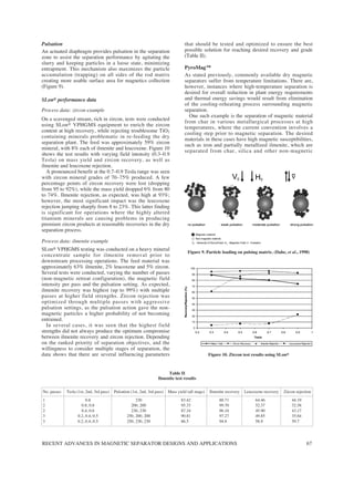 RECENT ADVANCES IN MAGNETIC SEPARATOR DESIGNS AND APPLICATIONS 67
Pulsation
An actuated diaphragm provides pulsation in the separation
zone to assist the separation performance by agitating the
slurry and keeping particles in a loose state, minimizing
entrapment. This mechanism also maximizes the particle
accumulation (trapping) on all sides of the rod matrix
creating more usable surface area for magnetics collection
(Figure 9).
SLon® performance data
Process data: zircon example
On a scavenged stream, rich in zircon, tests were conducted
using SLon® VPHGMS equipment to enrich the zircon
content at high recovery, while rejecting troublesome TiO2
containing minerals problematic in re-feeding the dry
separation plant. The feed was approximately 59% zircon
mineral, with 8% each of ilmenite and leucoxene. Figure 10
shows the test results with varying field intensity (0.3–0.9
Tesla) on mass yield and zircon recovery, as well as
ilmenite and leucoxene rejection.
A pronounced benefit at the 0.7–0.9 Tesla range was seen
with zircon mineral grades of 70–75% produced. A few
percentage points of zircon recovery were lost (dropping
from 95 to 92%), while the mass yield dropped 6% from 80
to 74%. Ilmenite rejection, as expected, was high at 93%;
however, the most significant impact was the leucoxene
rejection jumping sharply from 8 to 23%. This latter finding
is significant for operations where the highly altered
titanium minerals are causing problems in producing
premium zircon products at reasonable recoveries in the dry
separation process.
Process data: ilmenite example
SLon® VPHGMS testing was conducted on a heavy mineral
concentrate sample for ilmenite removal prior to
downstream processing operations. The feed material was
approximately 63% ilmenite, 2% leucoxene and 5% zircon.
Several tests were conducted, varying the number of passes
(non-magnetic retreat configuration), the magnetic field
intensity per pass and the pulsation setting. As expected,
ilmenite recovery was highest (up to 99%) with multiple
passes at higher field strengths. Zircon rejection was
optimized through multiple passes with aggressive
pulsation settings, as the pulsation action gave the non-
magnetic particles a higher probability of not becoming
entrained.
In several cases, it was seen that the highest field
strengths did not always produce the optimum compromise
between ilmenite recovery and zircon rejection. Depending
on the ranked priority of separation objectives, and the
willingness to consider multiple stages of separation, the
data shows that there are several influencing parameters
that should be tested and optimized to ensure the best
possible solution for reaching desired recovery and grade
(Table II).
PyroMag™
As stated previously, commonly available dry magnetic
separators suffer from temperature limitations. There are,
however, instances where high-temperature separation is
desired for overall reduction in plant energy requirements
and thermal energy savings would result from elimination
of the cooling-reheating process surrounding magnetic
separation.
One such example is the separation of magnetic material
from char in various metallurgical processes at high
temperatures, where the current convention involves a
cooling step prior to magnetic separation. The desired
materials in these cases have high magnetic susceptibilities,
such as iron and partially metallized ilmenite, which are
separated from char, silica and other non-magnetic
Figure 9. Particle loading on pulsing matrix. (Dahe, et al., 1998)
Figure 10. Zircon test results using SLon®
No. passes Tesla (1st, 2nd, 3rd pass) Pulsation (1st, 2nd, 3rd pass) Mass yield (all mags) Ilmenite recovery Leucoxene recovery Zircon rejection
1 0.8 230 83.42 88.71 64.46 44.19
2 0.8, 0.8 200, 200 95.33 99.70 52.37 32.58
2 0.4, 0.6 230, 230 87.34 96.16 45.90 43.17
3 0.2, 0.4, 0.5 250, 200, 200 90.81 97.27 49.85 35.64
3 0.2, 0.4, 0.5 250, 230, 230 86.5 94.8 58.9 59.7
Table II
Ilmenite test results
 