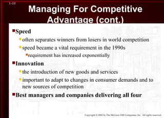 Copyright © 2002 by The McGraw-Hill Companies, Inc. All rights reserved.
1-10
Managing For Competitive
Advantage (cont.)
Speed
 often separates winners from losers in world competition
 speed became a vital requirement in the 1990s
requirement has increased exponentially
Innovation
 the introduction of new goods and services
 important to adapt to changes in consumer demands and to
new sources of competition
Best managers and companies delivering all four
 