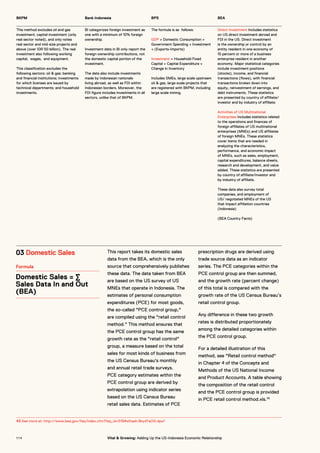 BKPM Bank Indonesia BPS BEA
This method excludes oil and gas
investment, capital investment (only
real sector noted), and only notes
real sector and mid-size projects and
above (over IDR 50 billion). The real
investment also following working
capital, wages, and equipment.
This classification excludes the
following sectors: oil & gas; banking
and financial institutions; investments
for which licenses are issued by
technical departments; and household
investments.
BI categorizes foreign investment as
one with a minimum of 10% foreign
ownership.
Investment data in BI only report the
foreign ownership contributions, not
the domestic capital portion of the
investment.
The data also include investments
made by Indonesian nationals
living abroad, as well as FDI within
Indonesian borders. Moreover, the
FDI figure includes investments in all
sectors, unlike that of BKPM.
The formula is as follows:
GDP = Domestic Consumption +
Government Spending + Investment
+ (Exports-Imports)
Investment = Household Fixed
Capital + Capital Expenditure +
Change in Inventory
Includes SMEs, large scale upstream
oil & gas, large scale projects that
are registered with BKPM, including
large scale mining.
Direct Investment Includes statistics
on US direct investment abroad and
FDI in the US. Direct investment
is the ownership or control by an
entity resident in one economy of
10 percent or more of a business
enterprise resident in another
economy. Major statistical categories
include investment positions
(stocks), income, and financial
transactions (flows), with financial
transactions broken down into
equity, reinvestment of earnings, and
debt instruments. These statistics
are presented by country of affiliate/
investor and by industry of affiliate.
Activities of US Multinational
Enterprises Includes statistics related
to the operations and finances of
foreign affiliates of US multinational
enterprises (MNEs) and US affiliates
of foreign MNEs. These statistics
cover items that are needed in
analyzing the characteristics,
performance, and economic impact
of MNEs, such as sales, employment,
capital expenditures, balance sheets,
research and development, and value
added. These statistics are presented
by country of affiliate/investor and
by industry of affiliate.
These data also survey total
companies, and employment of
US/ negotiated MNEs of the US
that impact affiliation countries
(Indonesia)
(BEA Country Facts)
03 Domestic Sales
Formula
Domestic Sales = ∑
Sales Data In and Out
(BEA)
This report takes its domestic sales
data from the BEA, which is the only
source that comprehensively publishes
these data. The data taken from BEA
are based on the US survey of US
MNEs that operate in Indonesia. The
estimates of personal consumption
expenditures (PCE) for most goods,
the so-called "PCE control group,"
are compiled using the "retail control
method." This method ensures that
the PCE control group has the same
growth rate as the "retail control"
group, a measure based on the total
sales for most kinds of business from
the US Census Bureau's monthly
and annual retail trade surveys.
PCE category estimates within the
PCE control group are derived by
extrapolation using indicator series
based on the US Census Bureau
retail sales data. Estimates of PCE
prescription drugs are derived using
trade source data as an indicator
series. The PCE categories within the
PCE control group are then summed,
and the growth rate (percent change)
of this total is compared with the
growth rate of the US Census Bureau’s
retail control group.
Any difference in these two growth
rates is distributed proportionately
among the detailed categories within
the PCE control group.
For a detailed illustration of this
method, see "Retail control method"
in Chapter 4 of the Concepts and
Methods of the US National Income
and Product Accounts. A table showing
the composition of the retail control
and the PCE control group is provided
in PCE retail control method.xls.43
43 See more at: http://www.bea.gov/faq/index.cfm?faq_id=519#sthash.8kydYaOG.dpuf
1 1 4 Vital & Growing: Adding Up the US-Indonesia Economic Relationship
 
