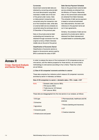 Currencies
Government external debt data are
obtained by converting external debt
into local denomination using Bank
Indonesia’s middle rate at the end
of the period under review. Data
on disbursement transactions are
converted using the transaction rate
as of the transaction date, while data
on external debt service schedule are
converted using the exchange rate on
31 December of the previous year.
Data on the private external debt
outstanding and transaction are
obtained through conversion from the
original currency of Bank Indonesia
middle rate at the end of the period.
Classification of Economic Sector
Classification of economic sectors is
based on the economic sectors used by
BPS to estimate the value of GDP.
Debt-Service Payment Schedule
Data on the government external debt
service schedule are obtained from
the Ministry of Finance. Meanwhile,
data on the central bank external debt
are obtained from Bank Indonesia.
This schedule of debt service payment
is based on actual and estimated
loan disbursements, the latter with
reference to the payment terms set
out in loan agreements.
Similarly, the schedule of debt service
payments for private sector debt is
obtained from Bank Indonesia and
compiled based on outstanding debt.
Annex II
Cross–Sectoral Analysis
and Sector Ranking
In order to analyze the nature of the involvement of US companies across our
nine sectors, and the relative prospects for those sectors, we constructed a
methodology to rank sectors according to four criteria. These four criteria
are as follows:
(i) Size of US companies’ economic activities in a sector
These data comprise four indicators which measure US companies’ economic
activities by sector in Indonesia, as follows:
Size of US companies in a sector = domestic sales + FDI + trade + VAT
1 Domestic sales (source: BEA)
2 FDI (source: BEA)
3 Trade (source: US Census)
4 VAT (source: BEA)
Note
These data are disaggregated into the nine sectors in our analysis, as follows:
1 Oil & gas
2 Extractive
3 Agriculture
4 Consumer goods
5 Infrastructure and power
6 Pharmaceuticals, healthcare and life
sciences
7 Finance (banking and insurance)
8 ICT
9 Creative industries
1 1 8 Vital & Growing: Adding Up the US-Indonesia Economic Relationship
 