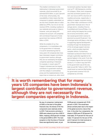 Component 5
Government Revenues
The smallest contribution to the
relationship is Indonesian government
revenues, which accounted for an
estimated $1.8 billion, or just 2 percent
of the total. Unfortunately, the
unavailability of data means that this
component is greatly understated, as
we only have complete data on value-
added tax (PPN), but not on non-tax
revenue (NTR), including royalties on
raw materials and excise on tobacco.
However, even just taking VAT
revenue into account, US companies
still contributed 13 percent of total
government tax revenue of $13.24
billion in 2014.
While the smallest of our five
components, it is nonetheless vital
to the government of Indonesia.
It is worth remembering that for
many years US companies also have
been Indonesia’s largest contributor
to government revenue, although
they are not necessarily the largest
companies operating in Indonesia.
For example, in recent years PT.
Freeport Indonesia was the largest
contributor to goverment revenues
until the collapse in commodities
prices and the implementation of the
export ban on mineral ore, after which
its dominant position has been taken
over by PT. HM Sampoerna, another
US company. (Note, both companies
owe their prominent position not to
VAT, but more to NTR in the form of
royalties and excise, respectively, in
addition to regular corporate income
tax.) Other major contributors to NTR
government revenues are in the oil
and gas sector, including Chevron,
ExxonMobil and ConocoPhillips. It is
worth noting that despite the current
low oil price environment, which
has caused government revenue to
plummet by around 43 percent,5
the
oil and gas sector still plays a vital role
in supporting regional development,
including through the development
of the oil and gas support services
sector, which provides important
multiplier effects. Furthermore,
Indonesia’s production share from oil
and gas is generally regarded as the
second highest in the world. From the
US company figures that we do have
access to, it is safe to say that NTR
to the government was at the very
least around $4.7 billion in 2014. This
would boost our sectoral Big Number
for government revenue from US
companies by 3.6 times.
It is worth remembering that for many
years US companies have been Indonesia’s
largest contributor to government revenue,
although they are not necessarily the
largest companies operating in Indonesia.
By way of comparison, looking back
at 2009, at the start of the global
financial crisis, the shares of the five
components were relatively similar
to 2014. Total economic activities in
2009 were valued at just shy of $57.4
billion, implying a 56.8 percent increase
in the period 2009 to 2014. The main
exception is that the share of financial
flows was significantly lower, at just
10.96 percent compared with 13.05
percent in 2014. This would have
almost certainly been due to the impact
of the global economic crisis at that
time. In the other four components, the
shares in 2009 were 37.83 percent for
total sales, 31.41 percent for the sum of
trade, 17.4 percent for the sum of FDI,
and 2.4 percent for total revenues to
the Indonesian government.
5 2016 Oil and Gas Production in Indonesia (BOEPD): Chevron 251,000; ConocoPhillips: 241,000; and ExxonMobil:
170,000 (Source: WoodMackenzie: SKK Migas).
1 5US–Indonesia Investment Report 2016
 